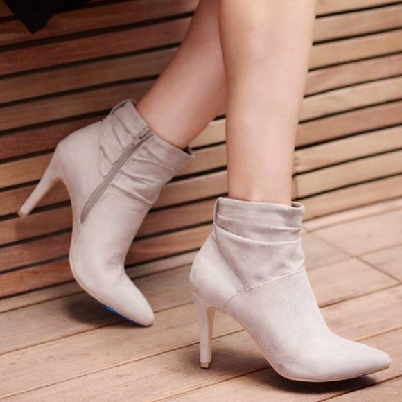 Buckle Shoes - Tan Pointy Toe Stiletto Heel Slouch Ankle Booties